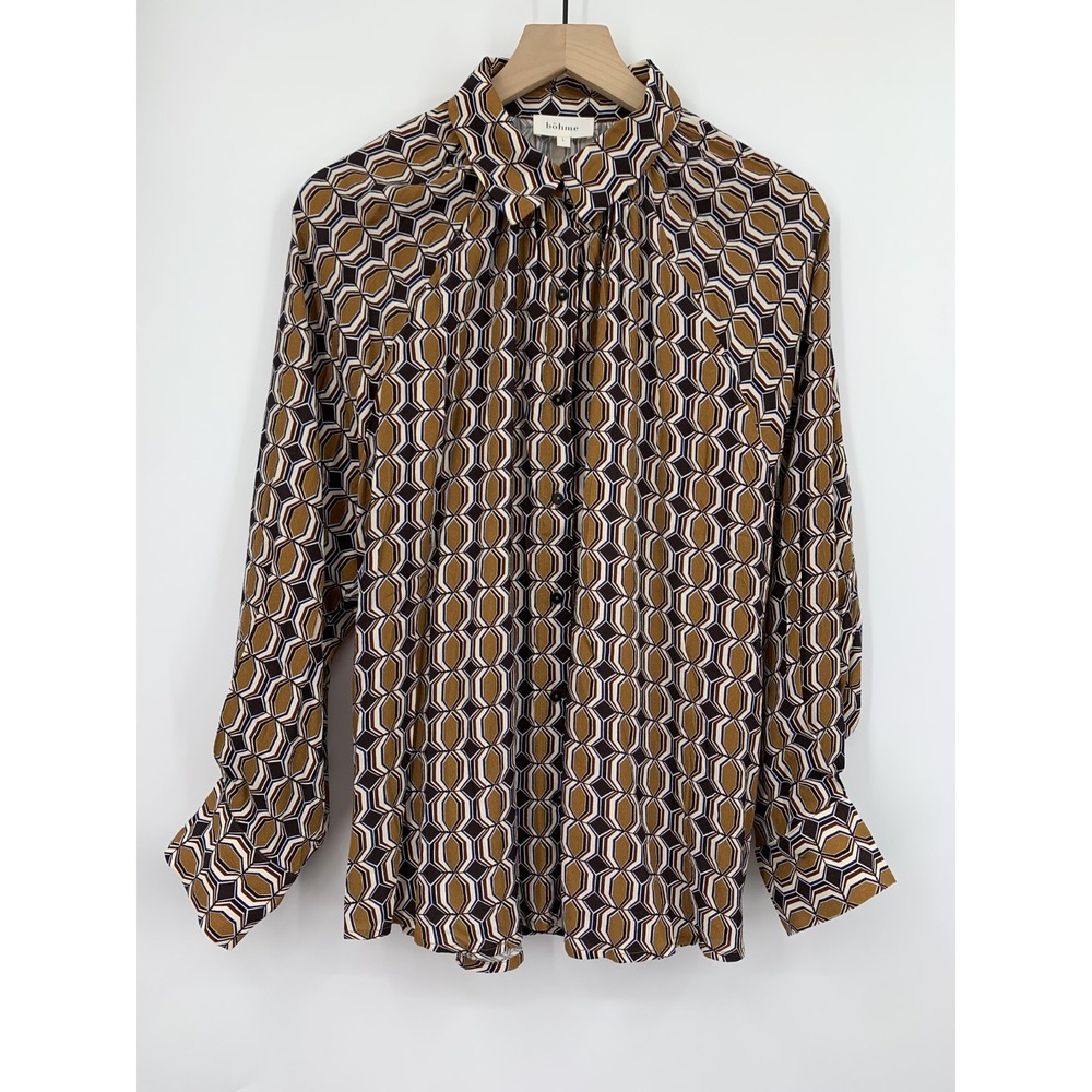 Bohme Shirt Womens Large Brown Black Geometric Blouse Top Office Party Modern